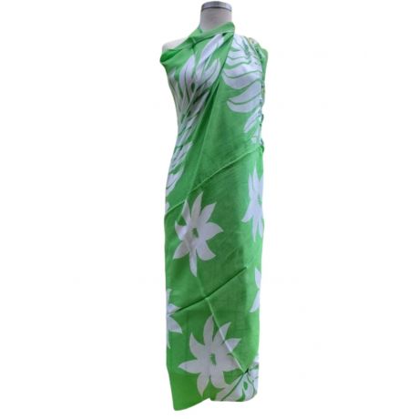 Big White Leaves with Flowers Design Rayon Sarong GREEN      