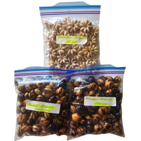 200 Pcs Marble Brown Loose Kukui Nuts + 40 Pcs Cowrie Shell Rings