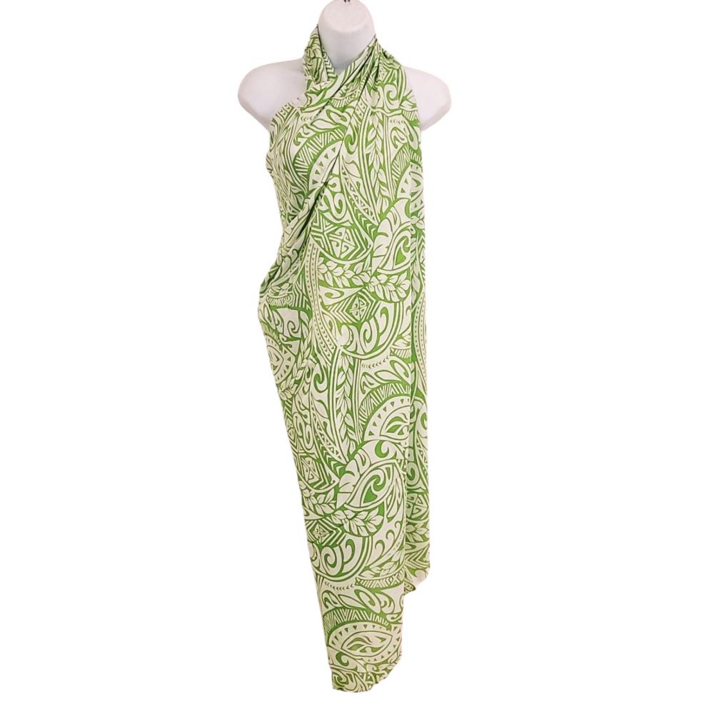 Hawaii Sarong Pareo White Ornament with Leaves GREEN