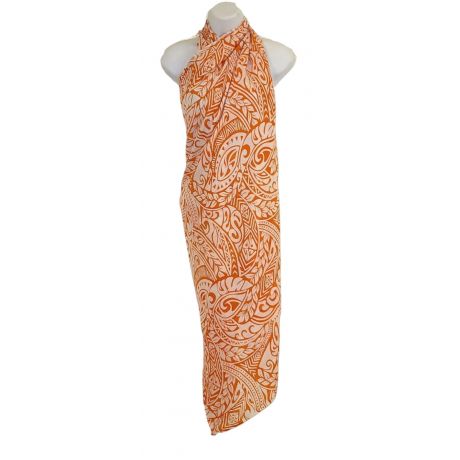 Hawaii Sarong Pareo White Ornament with Leaves ORANGE