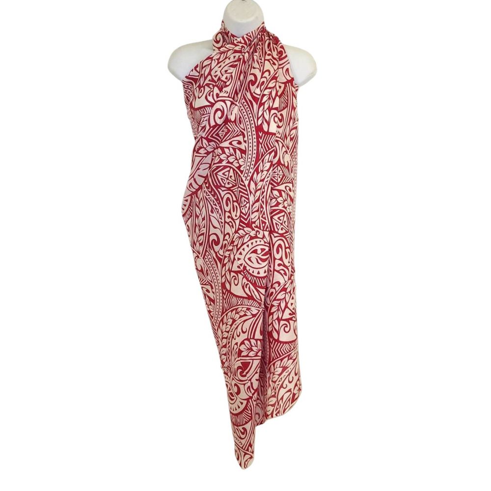 Hawaii Sarong Pareo White Ornament with Leaves RED