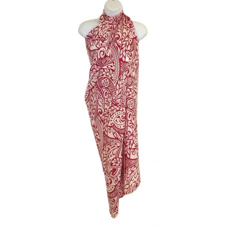 Hawaii Sarong Pareo White Ornament with Leaves RED
