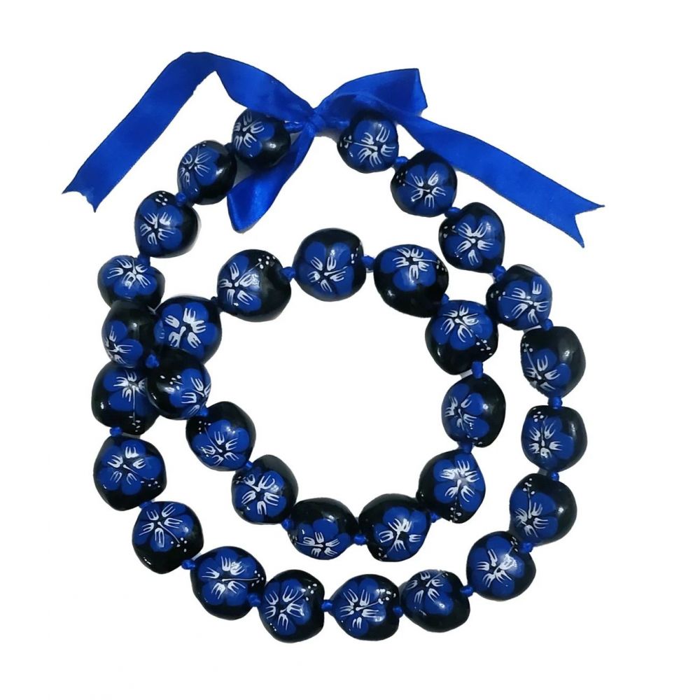 32 Best Quality Hawaii Hibiscus Flower Kukui Nut Necklace Lei Dark Blue