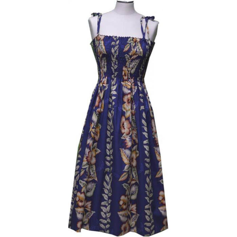 16D-535NB- Hawaiian Smock Midi Dress Anthurium Design Navyblue