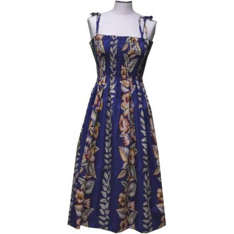 16D-535NB- Hawaiian Smock Midi Dress Anthurium Design Navyblue