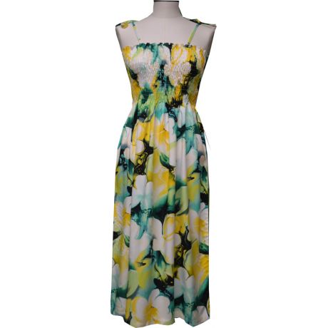 16D-827Y -Hawaiian Smock Midi Dress Watercolor Hibiscus