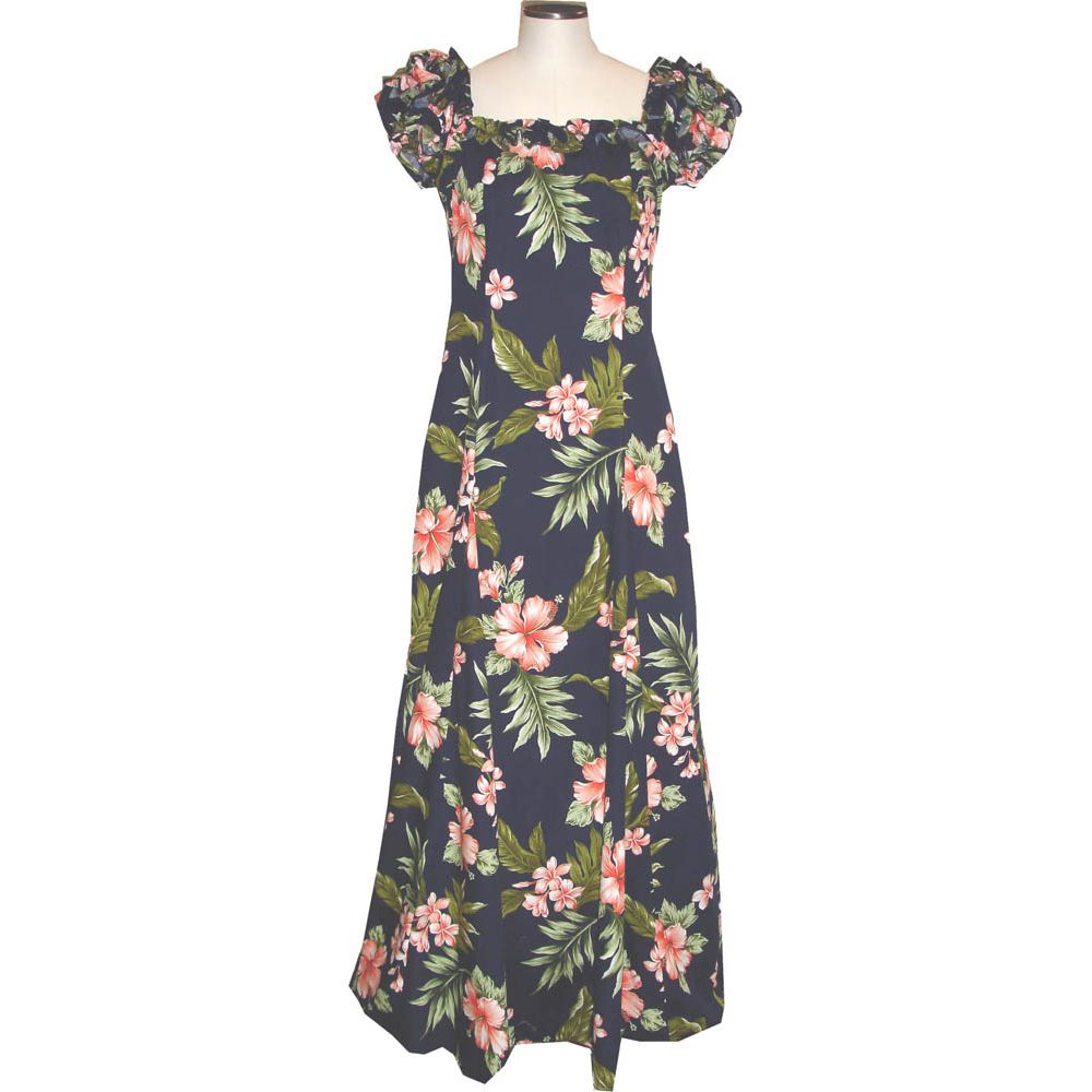 19D-403NBC - Coral Hibiscus Navy Hawaiian Muumuu Dress