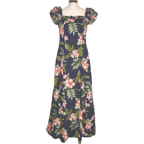 19D-403NBC - Coral Hibiscus Navy Hawaiian Muumuu Dress