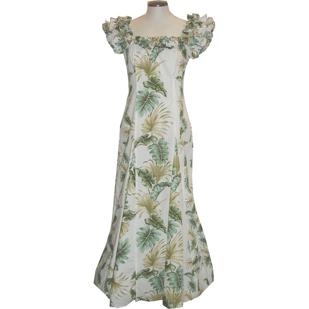 19D-438W-Hawaii Leaf White Hawaiian Muumuu Dress