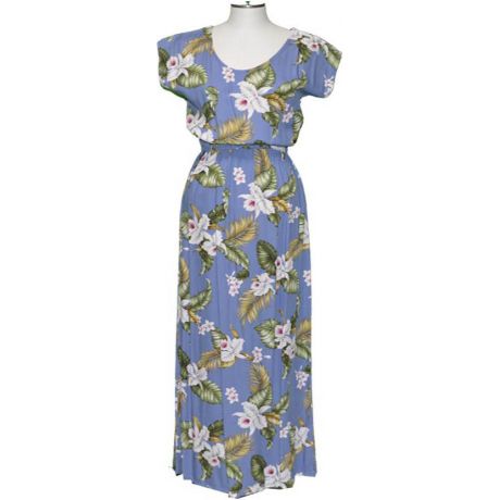 23LD-812BL - Palolo Orchid Blue Long- Length Hawaiian Dress