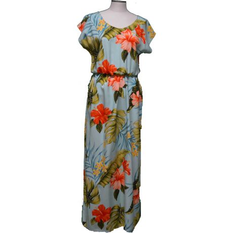 23LD-826G-Makakilo Hibiscus Green Full Length Short Sleeve Hawai