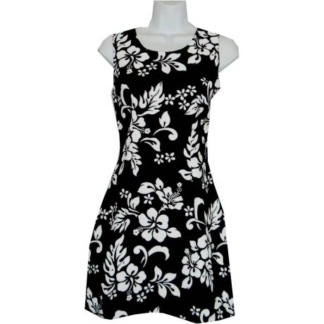 2D-354B- Short Hawaiian Tank Dress Classic Hibiscus Black