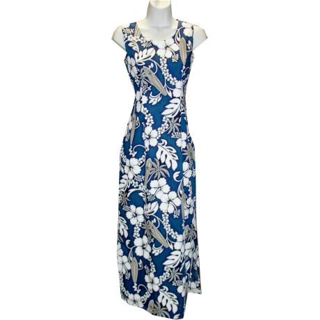 2LD-300NB-Long Hawaiian Dresses Lei Hibiscus Royal