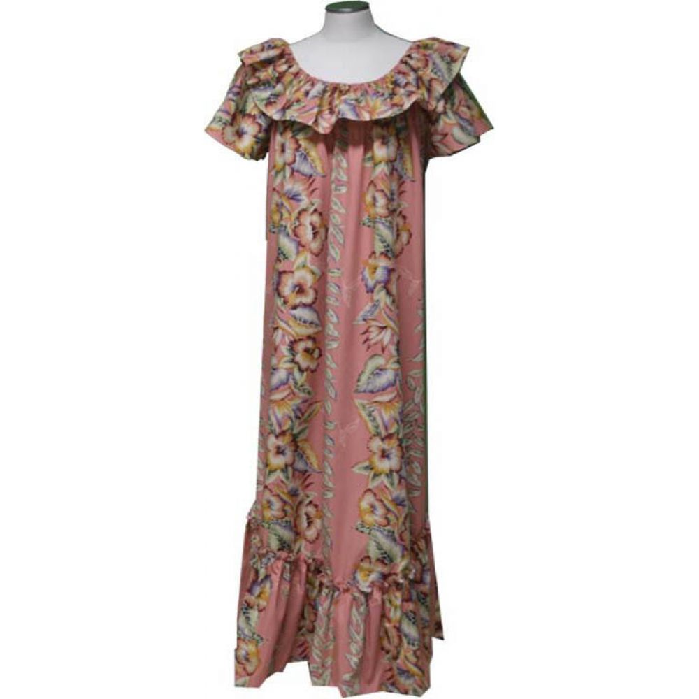 3LM-535CO- Vintage Anthurium Design Long Coral Cotton Muumuu Haw