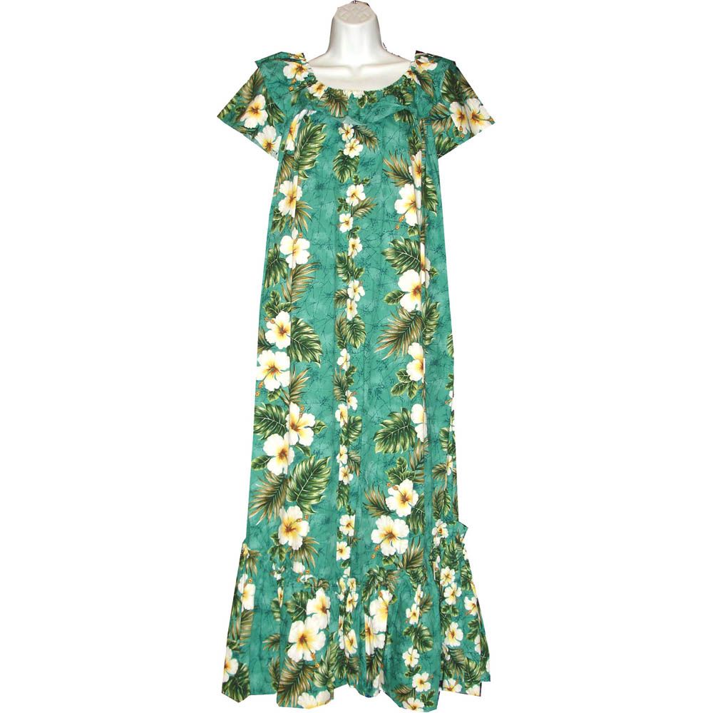 3LM-449G- Long Green Muumuu Hawaiian Dress Hibiscus Panel