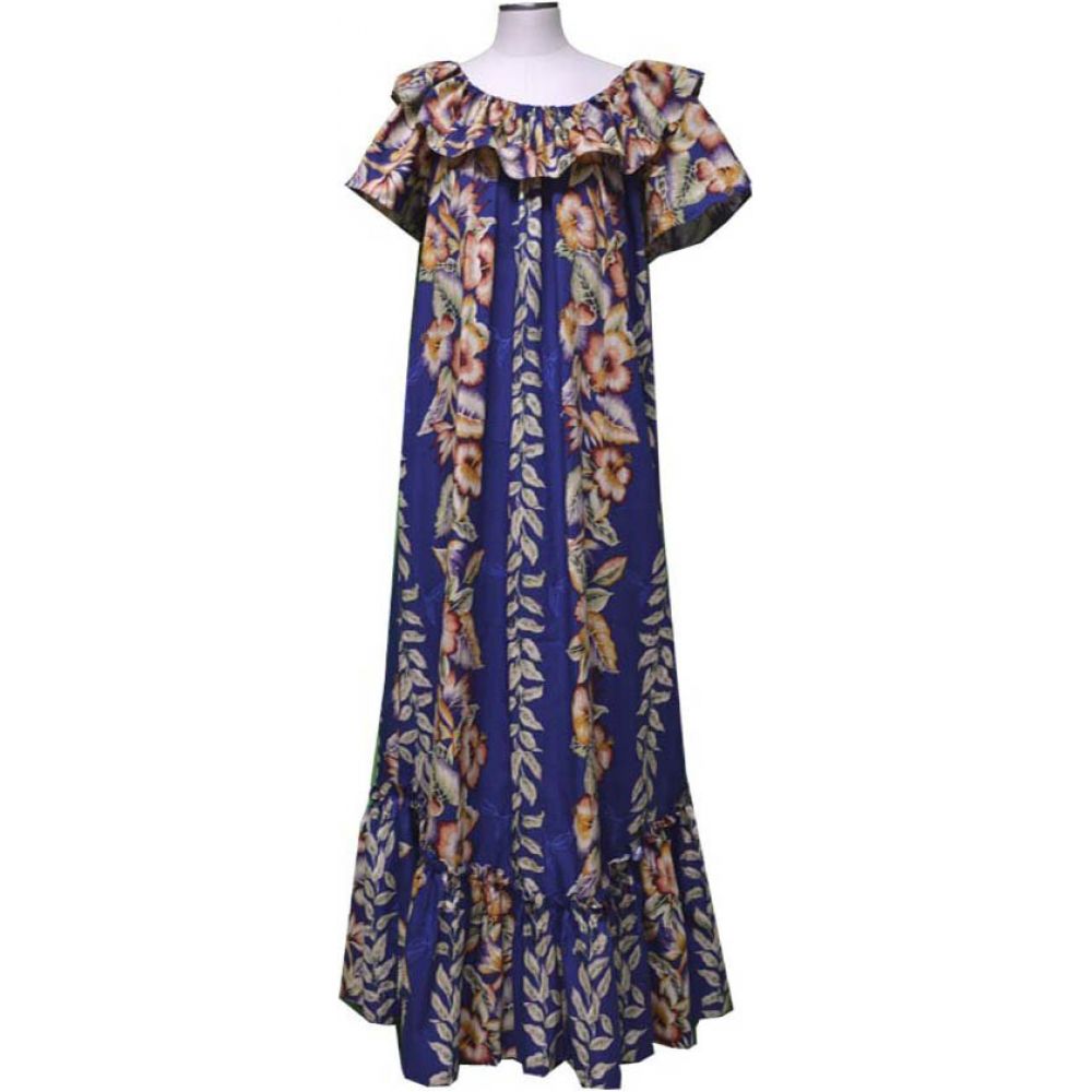 3LM-535NB - Vintage Anthurium Design Long Navy Cotton Muumuu Haw