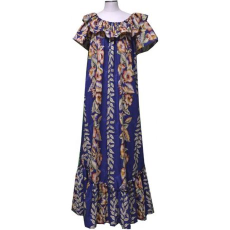 3LM-535NB - Vintage Anthurium Design Long Navy Cotton Muumuu Haw