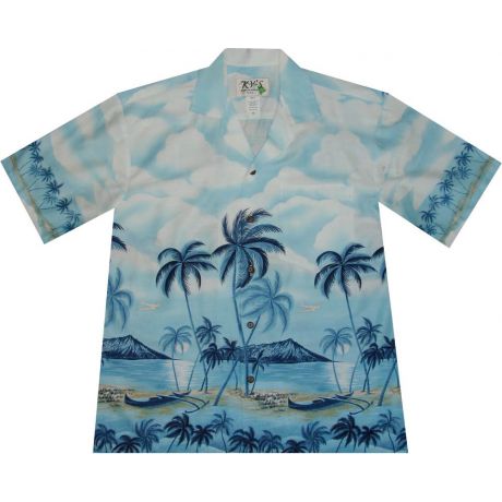 AL401BL- Palms Diamond Head Blue Cotton Mens Hawaiian Shirt