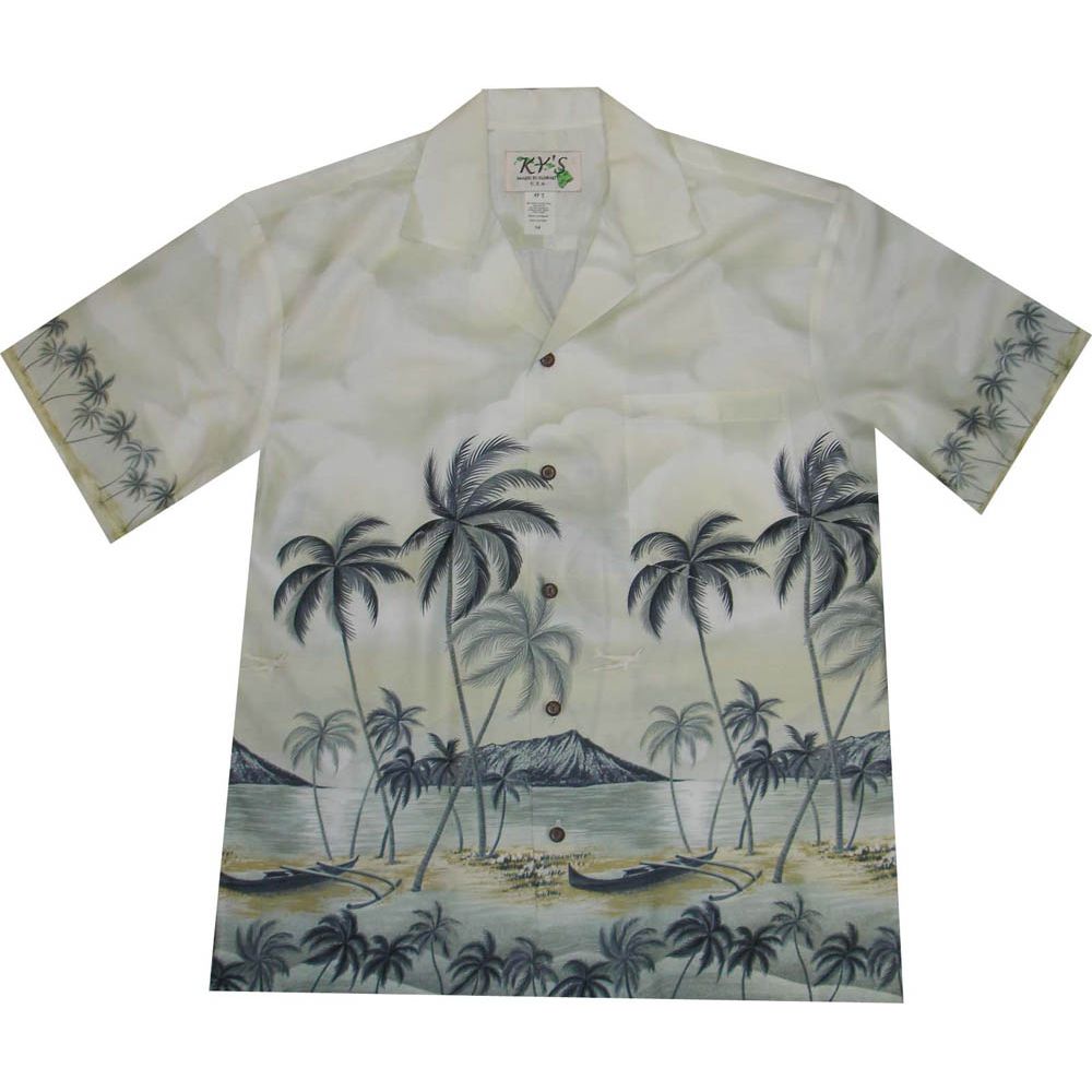 AL401GA- Palms Trees Diamond Head Grey Cotton Mens Hawaiian Shir