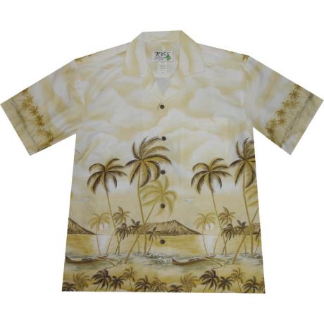 AL401Y- Palms Trees Diamond Head Yellow Cotton Mens Hawaiian Shi