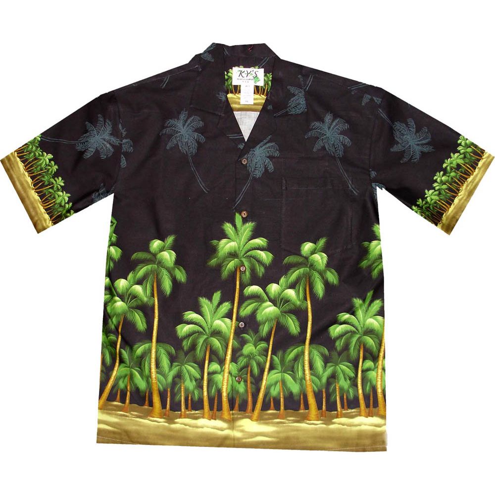 AL-408 B Palm Trees Beach Black Hawaiian Shirt