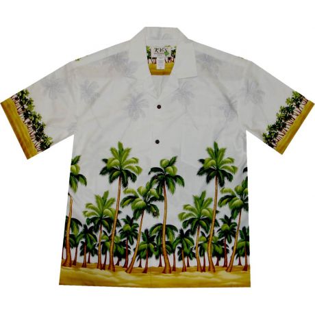 AL-408 W Palm Trees Beach White Hawaiian Shirt