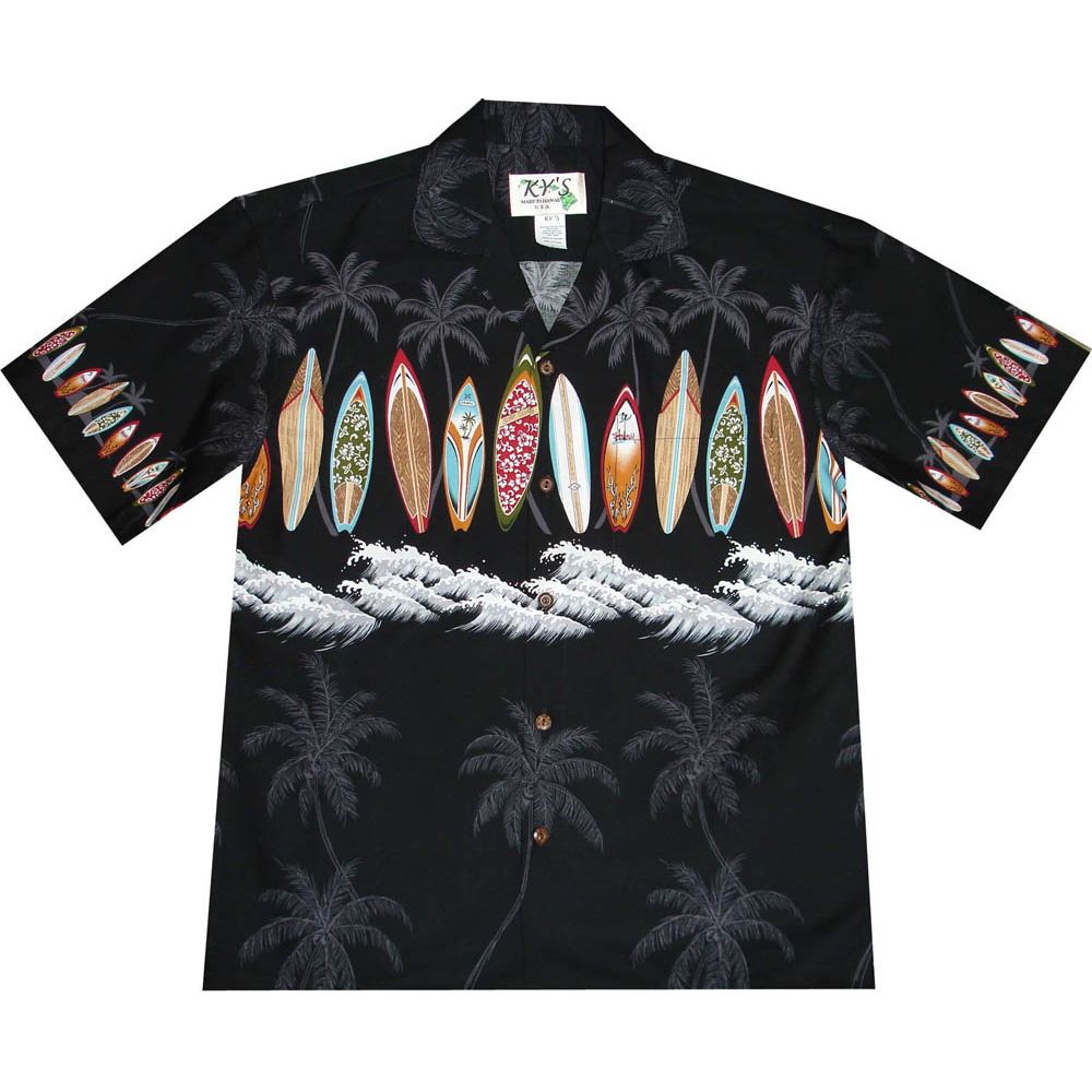 AL-415 B Surf Board Chest Band Black Hawaiian Shirt