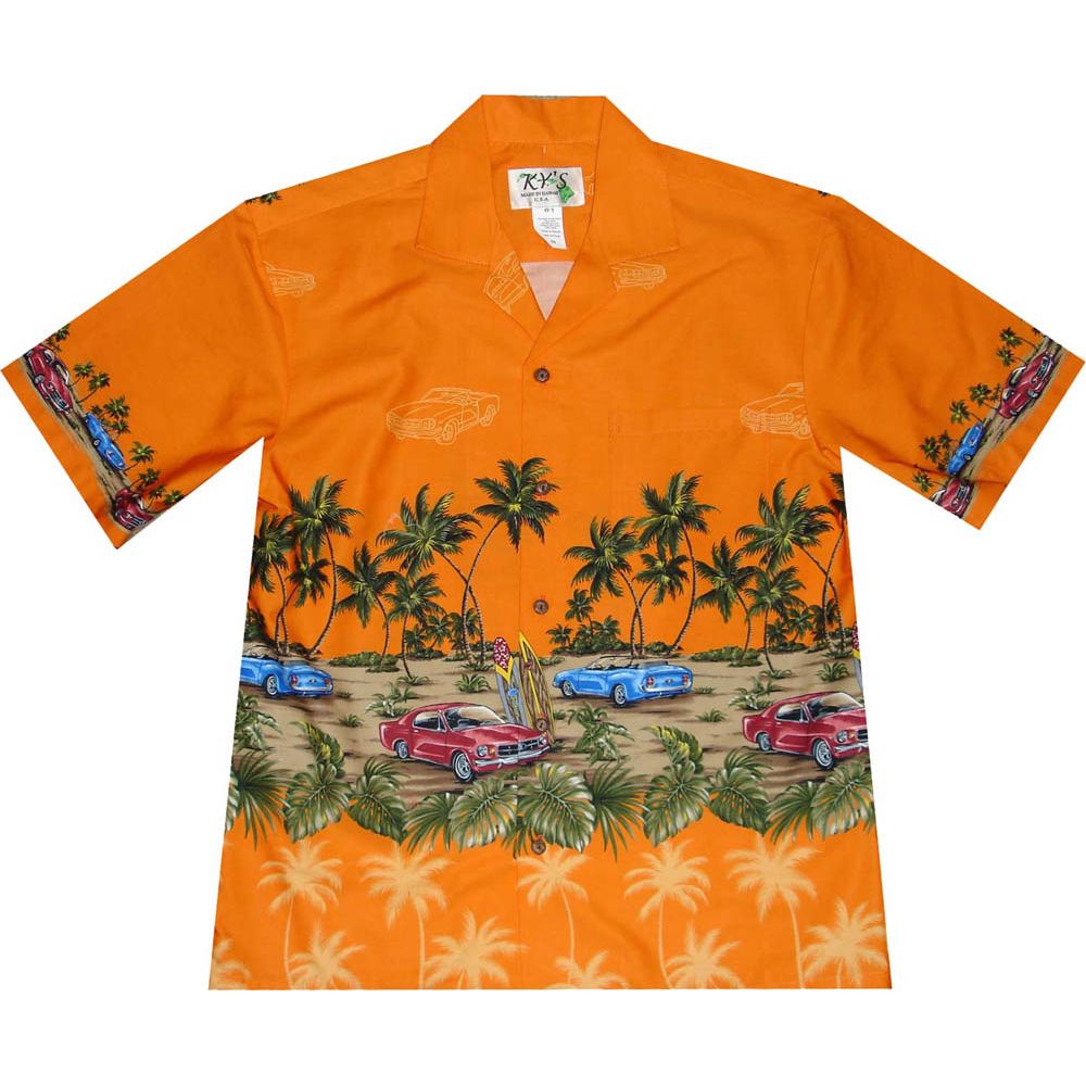 AL-418OR- Woody Car Beach Orange Cottton Mens Hawaiian Shirt