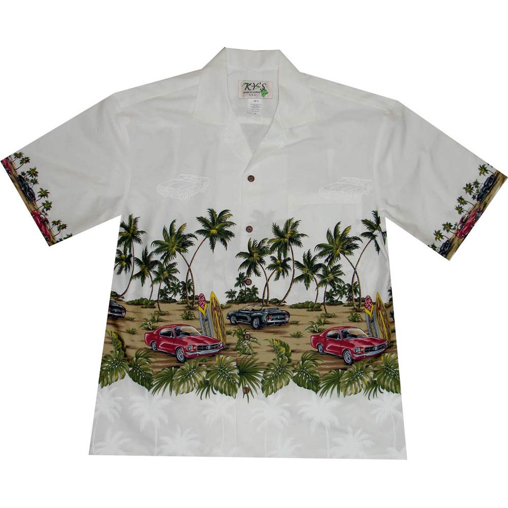 AL-418W- Woody Car Beach White Cotton Mens Hawaiian Shirt