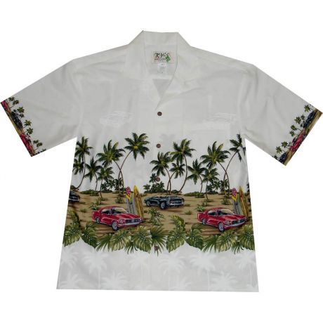 AL-418W- Woody Car Beach White Cotton Mens Hawaiian Shirt
