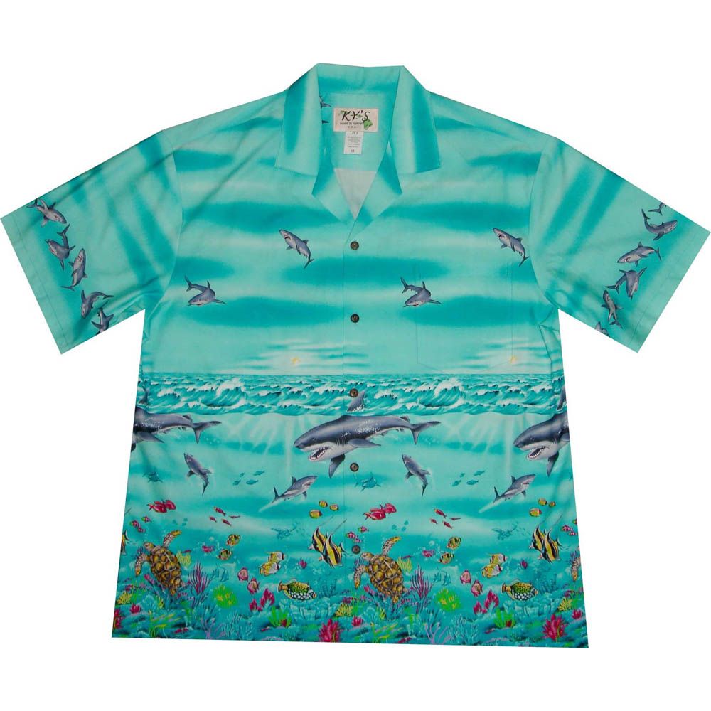 AL-424G -Shark Ocean Green Hawaiian Shirt