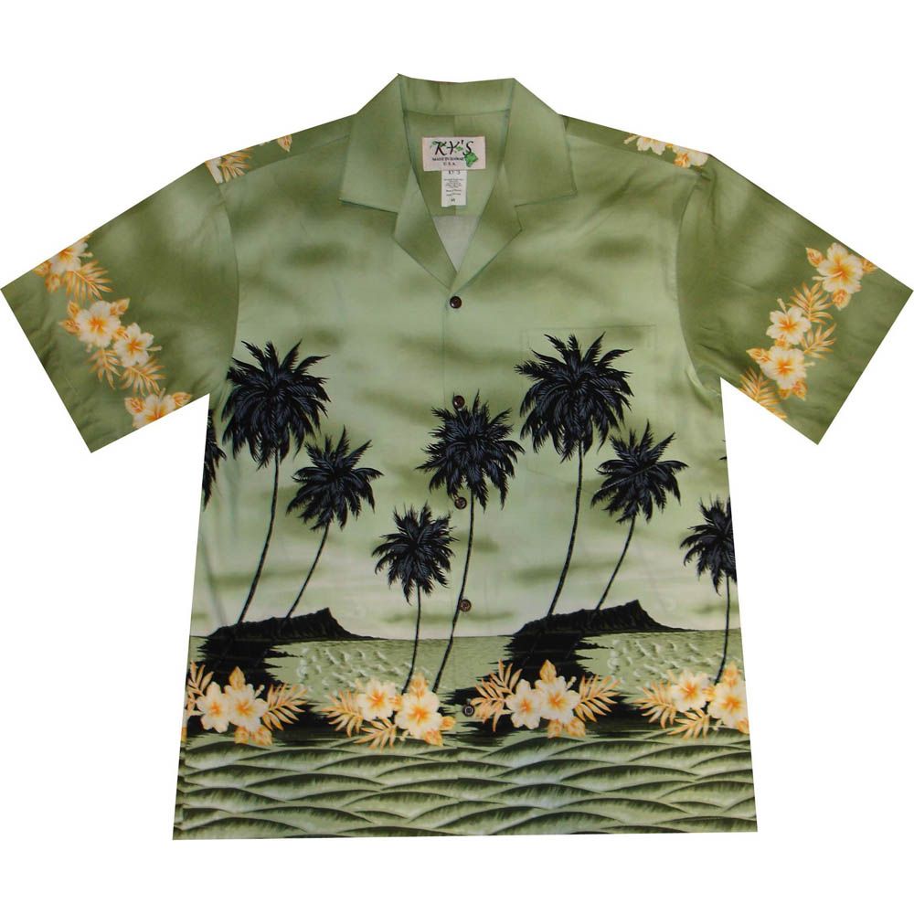 AL-428G- Palm Tree Silhoutte Green Hawaiian Shirt
