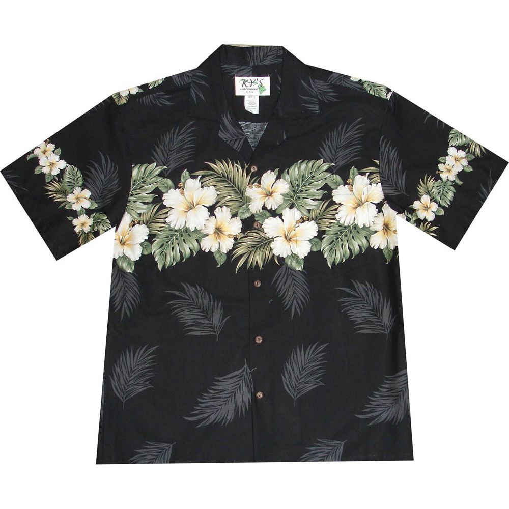 AL-430 B Original-Hibiscus-Chest-Band-Black-Hawaiian-Shirt