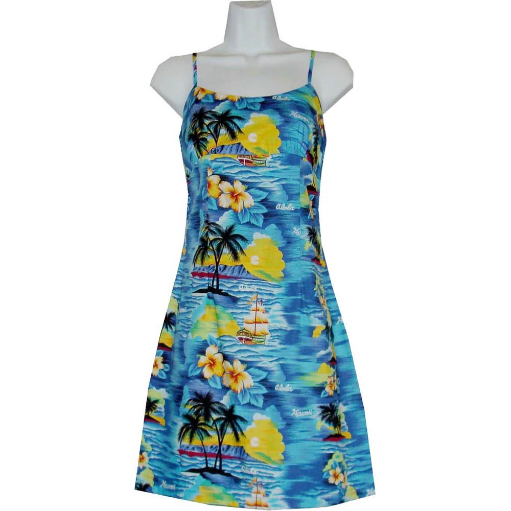 6D-304NB- Hawaii Sunset Navy Cotton Strap Short Hawaiian Dress