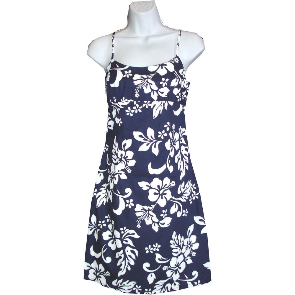 6D-354NB- Original Hibiscus Navy Cotton Strap Short Hawaiian Dre