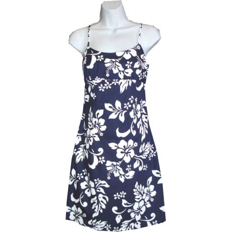 6D-354NB- Original Hibiscus Navy Cotton Strap Short Hawaiian Dre