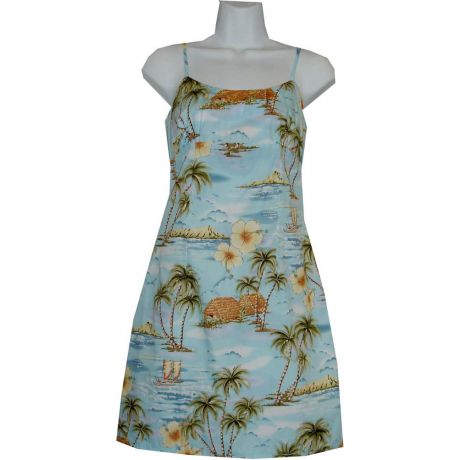 6D-354BL- Polynesian Island Blue Cotton Strap Short Hawaiian Dre