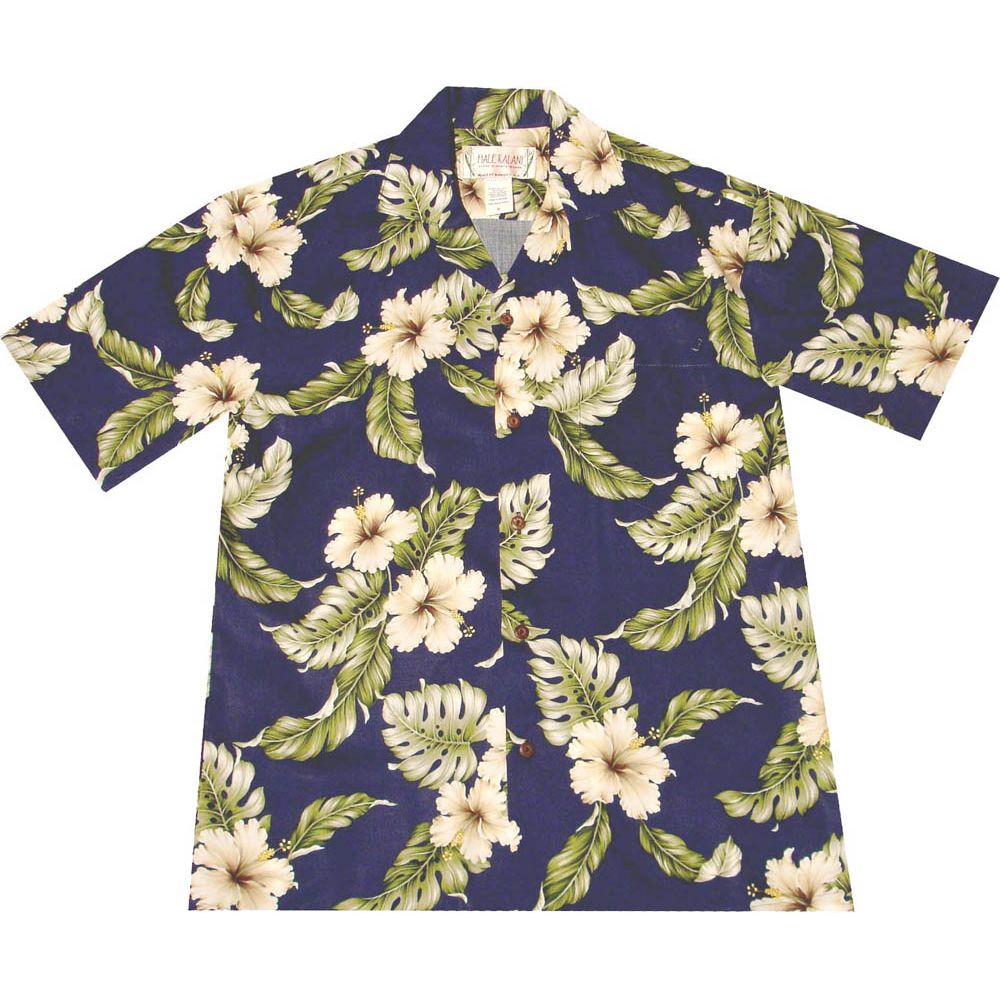 AL-807NB-  Makua Hibiscus Navy Rayon Mens Aloha Shirt