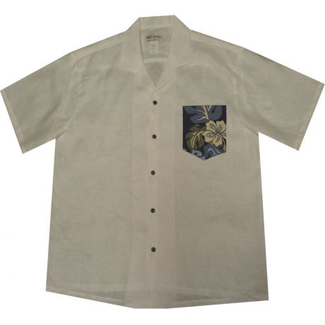 AL900W-468NB - Classic Hibiscus White Linen Mens Hawaiian Aloha