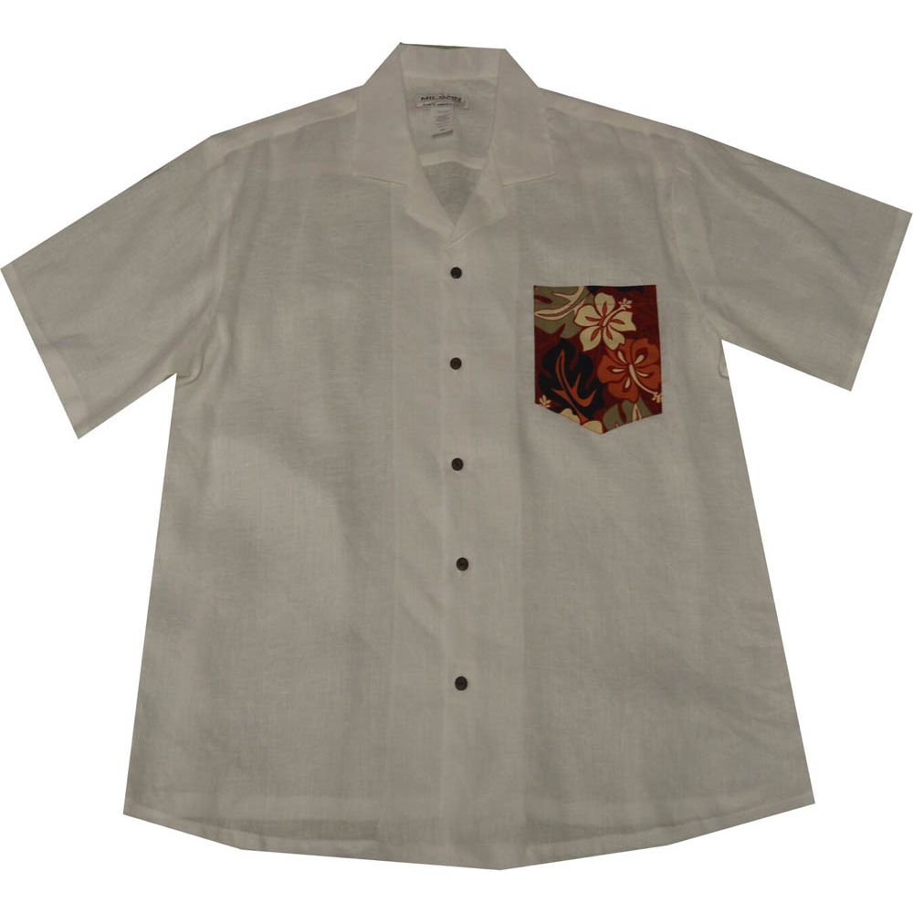 AL900W-468R- Classic Hibiscus White Linen Mens Hawaiian Aloha Sh