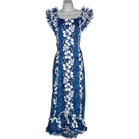 9LM-213 NB Hibiscus Panel Navy Traditional Muumuu Dress
