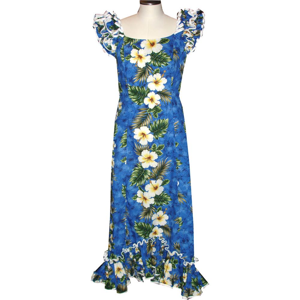 9LM-449NB -Yellow Hibiscus Navy Traditional Muumuu Dress