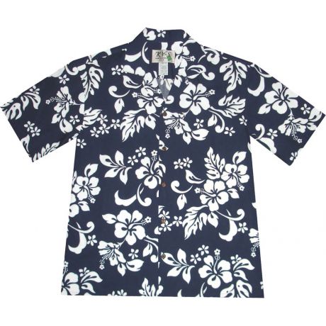 AL-354NB- Original Hibiscus Navy Cotton Mens Hawaiian Shirt