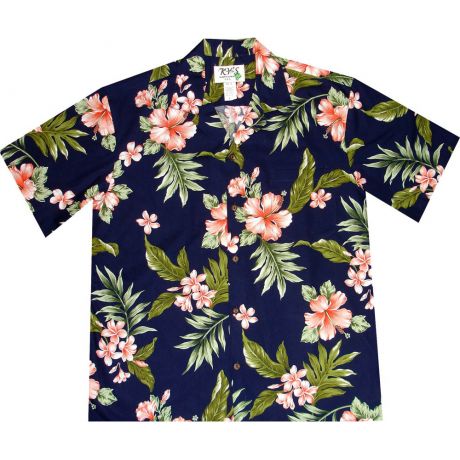 AL-403NC- Coral Plumeria and Hibiscus Navy Cotton Mens Hawaiian