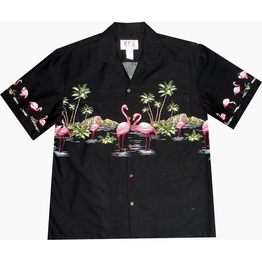 AL-447 B Flamingo Paradise Island Chest band Black Aloha Shirts