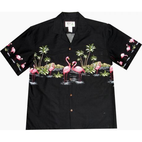 AL-447 B Flamingo Paradise Island Chest band Black Aloha Shirts