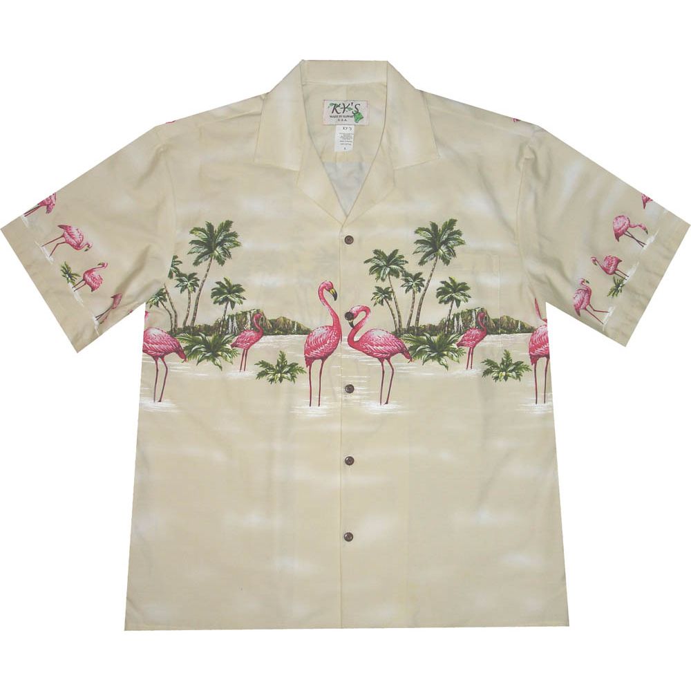 AL-447 CR  Flamingo Paradise Island Chest band Cream Aloha Shirt