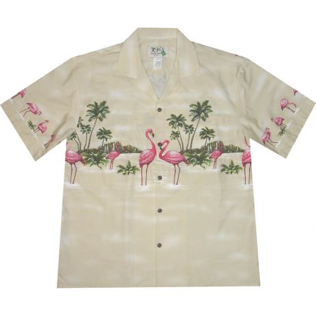 AL-447 CR  Flamingo Paradise Island Chest band Cream Aloha Shirt