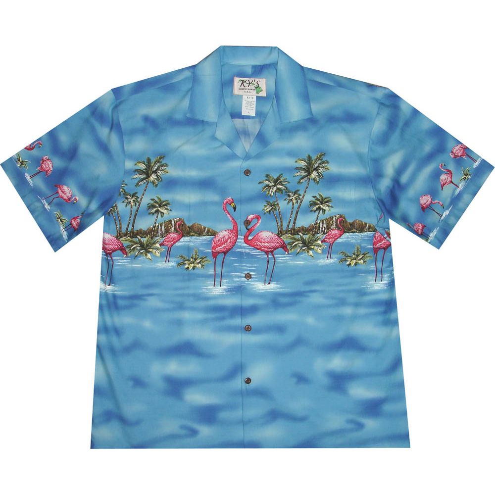 AL-447 NB Flamingo Paradise Island Chest band Navy Aloha Shirts