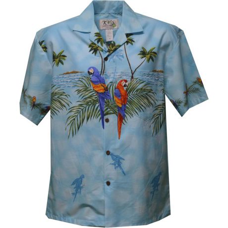 AL-453 AQ-Parrot Island Aqua Cotton Mens Aloha Shirt